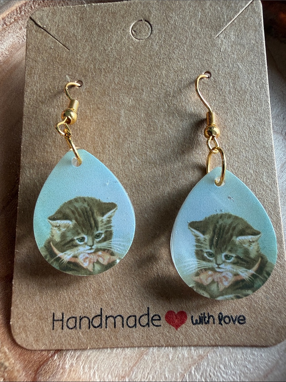Handmade Blue Kitten Teardrop Cat Earrings - Handmade